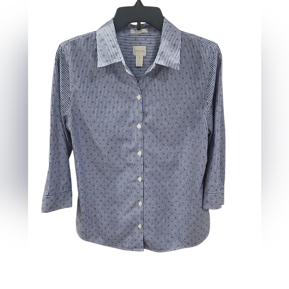 Chico's 3/4 Length Sleeve Button  Down Shirt Size 1 ( M)  No Iron EUC
